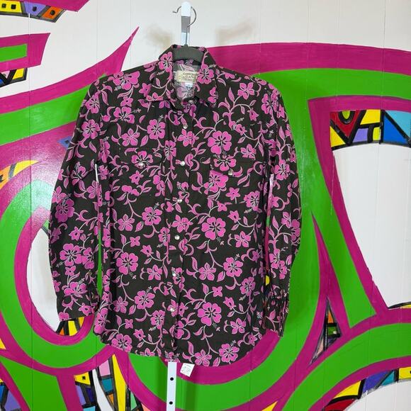 Cowboy Gang, Western Pink and Brown Hawaiian Floral Pearl Snap Shirt. Size XS. - Picture 1 of 6